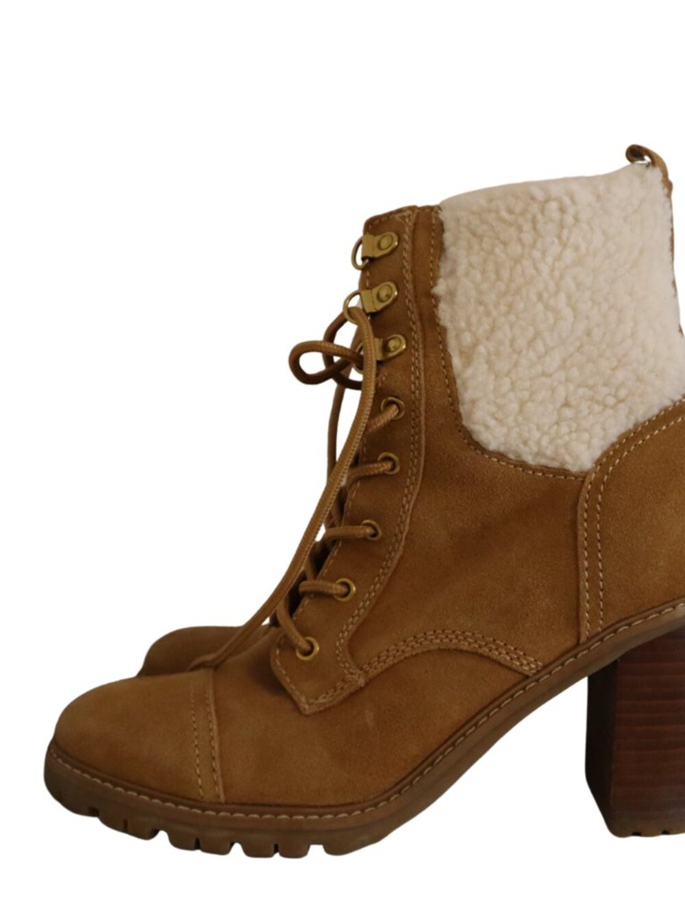 NINE WEST Boots 8 M Phaedra Lace-Up Suede Block High Heel Combat Natural Brown - Picture 3 of 12